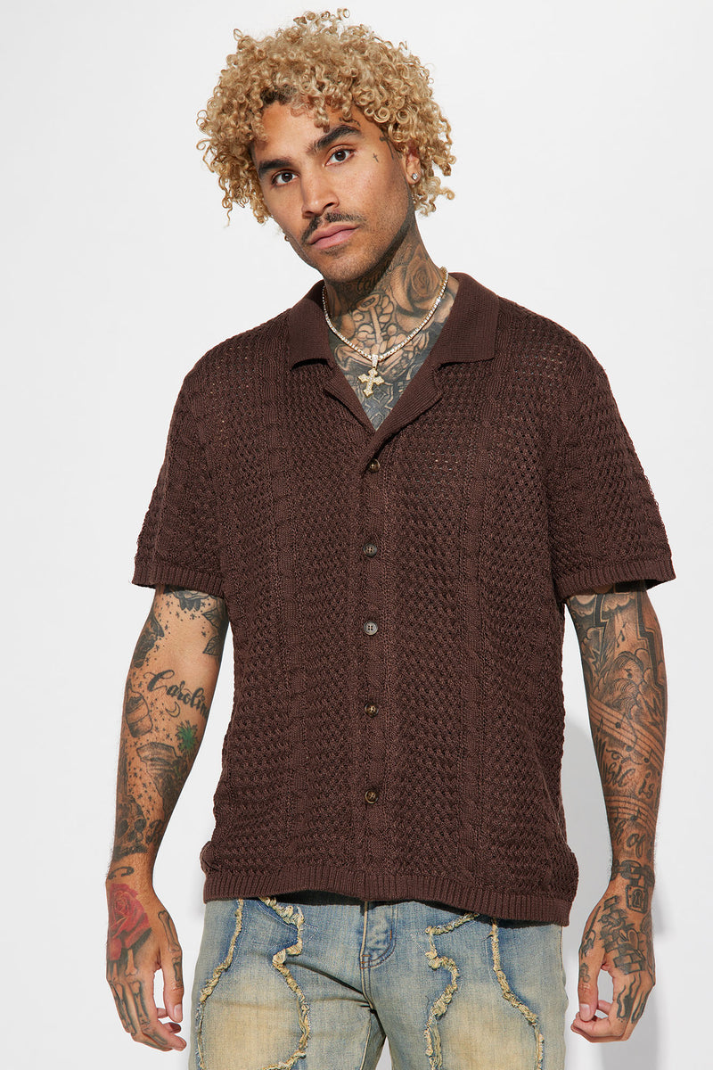 Unwind Cable Knit Short Sleeve Button Up - Dark Brown | Fashion Nova ...