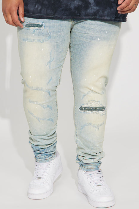 Sunisery Men's Regular Fit Stacked Jeans Patch Distressed Denim Pants  Streetwear,Light Blue - Walmart.com