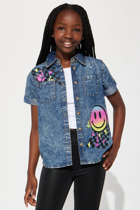 Mini Smiley Face Denim Shirt Acid Wash Fashion Nova Kids Tops