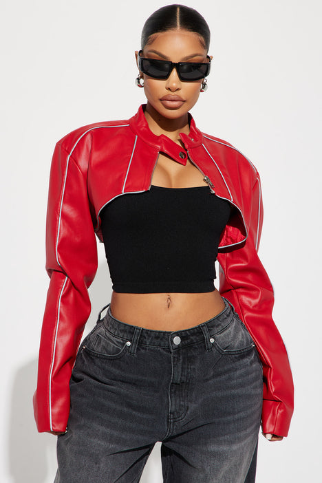 Jessie Faux Leather Cropped Jacket - Red