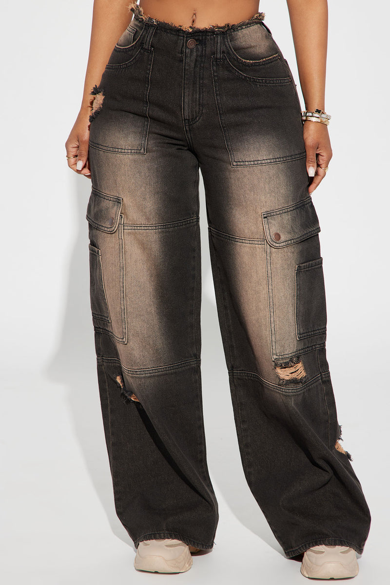 Night Sky Ripped Tinted Non Stretch Cargo Jeans - Black Wash | Fashion ...