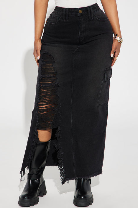 Kara Distressed Cargo Maxi Skirt Black Wash Fashion Nova