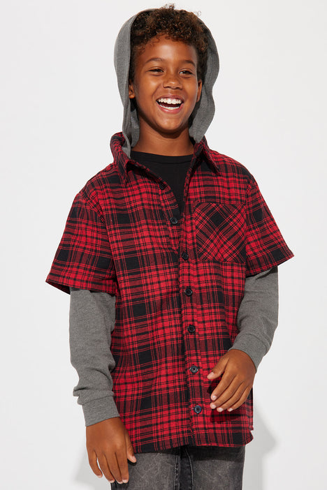 Mini Hooded Long Sleeve Shirt - Red/Black | Fashion Nova, Kids Tops Fashion Nova