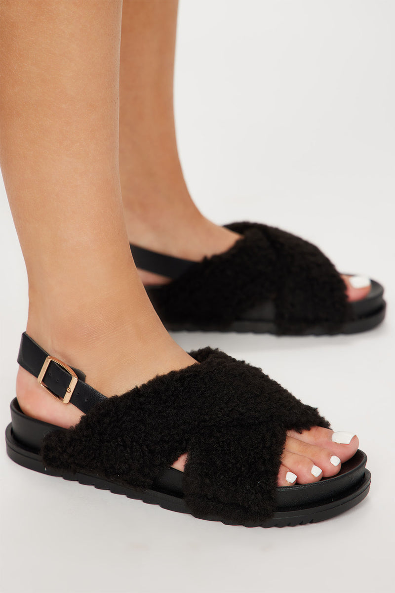 fuzzy black sandals