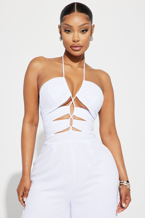White tie front jumpsuit store