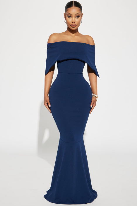 Navy blue off shoulder maxi outlet dress