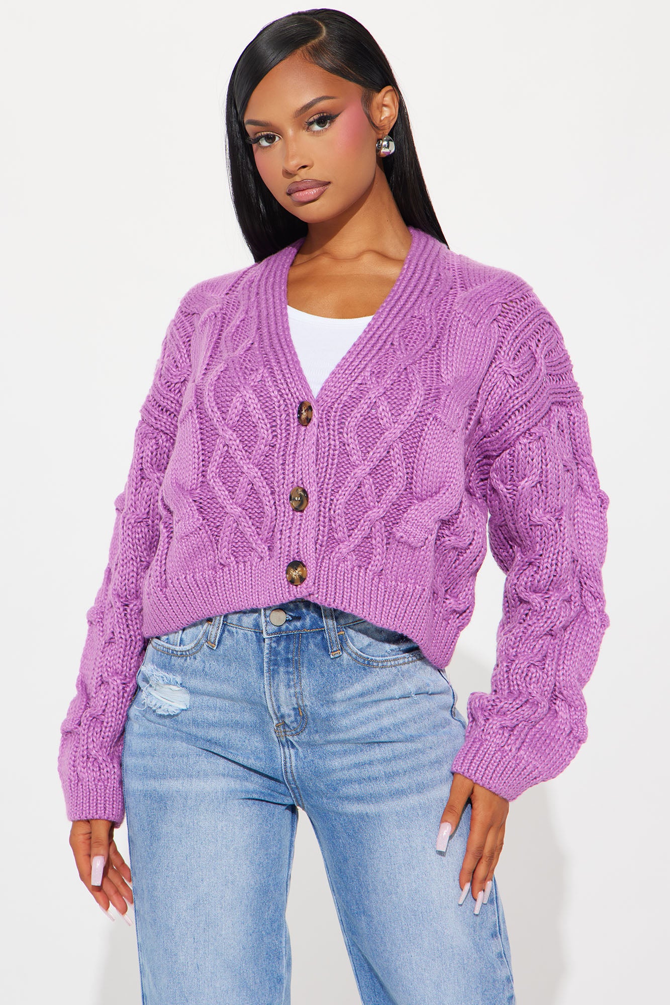 Lacen Cable Knit Cardigan Purple Fashion Nova Sweaters