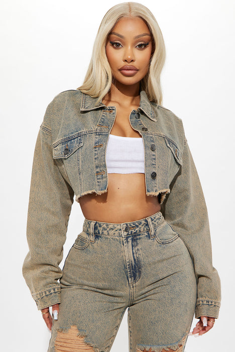 Cropped sleeve denim jacket shop