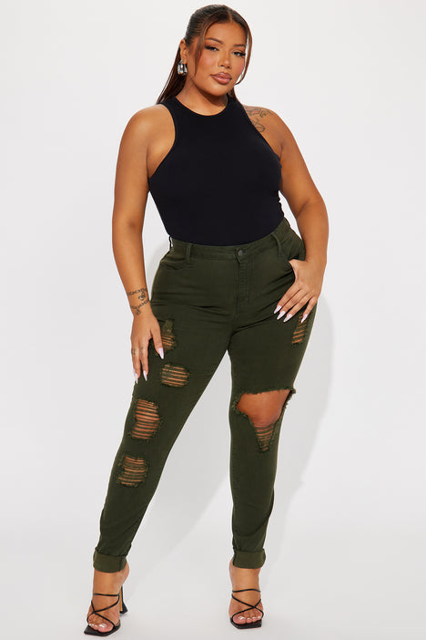Olive green ripped jeans cheap