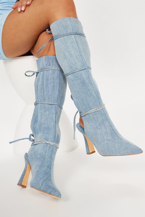 Serena Embellished Knee High Boots Denim