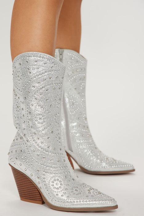 Let It Be Embellished Cowboys Booties Silver Fashion Nova