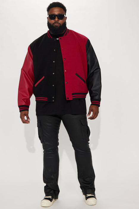 Red leather varsity jacket shop