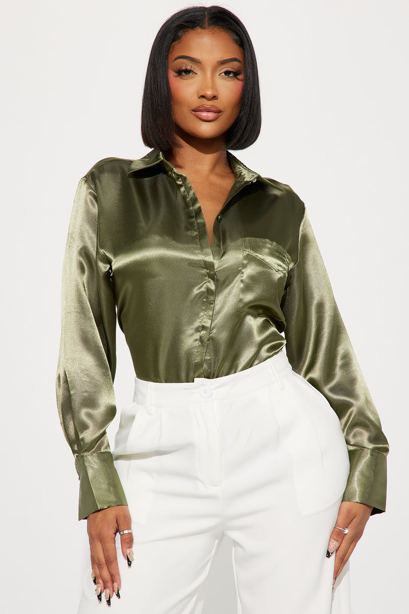 Sedona Satin Shirt - Olive | Fashion Nova, Shirts & Blouses | Fashion Nova