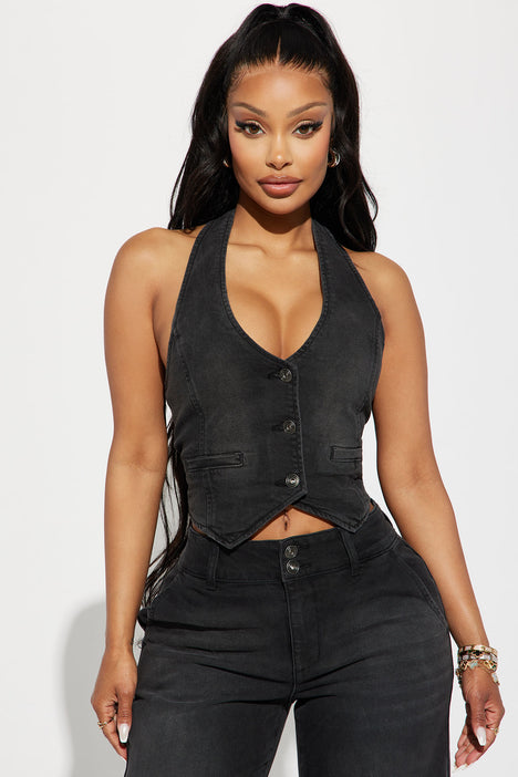 No Competition Denim Halter Top - Black Wash