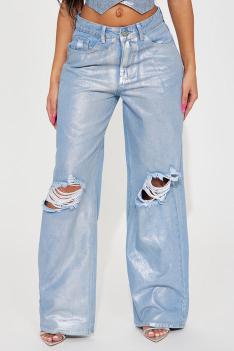 Freja Foil Ripped Baggy Jeans - Light Wash, Fashion Nova, Jeans