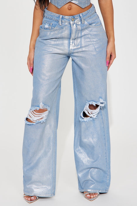 Light blue ripped baggy jeans top