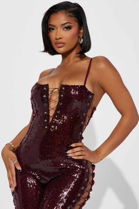Dance On My Own Sequin Jumpsuit Burgundy