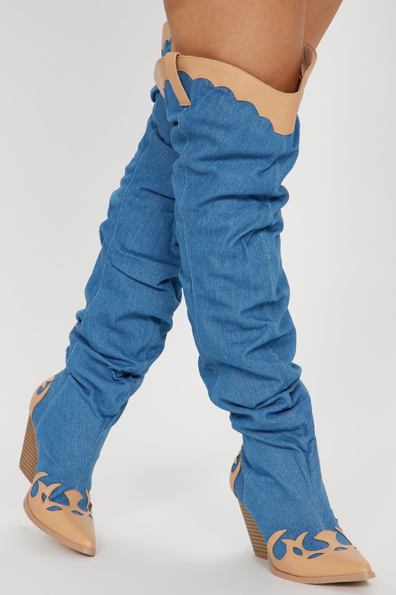 Denim thigh high hotsell boots fashion nova