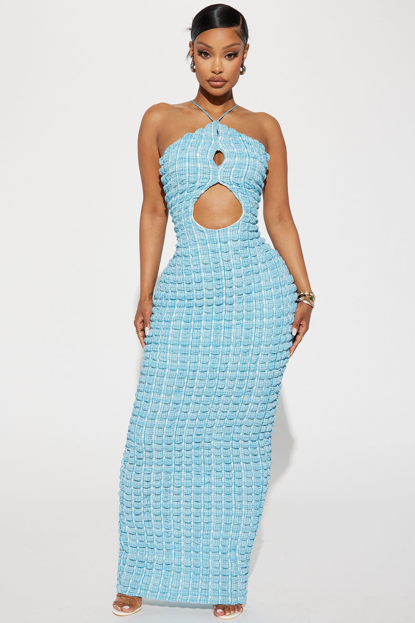 Ashton Textured Halter Maxi Dress Aqua