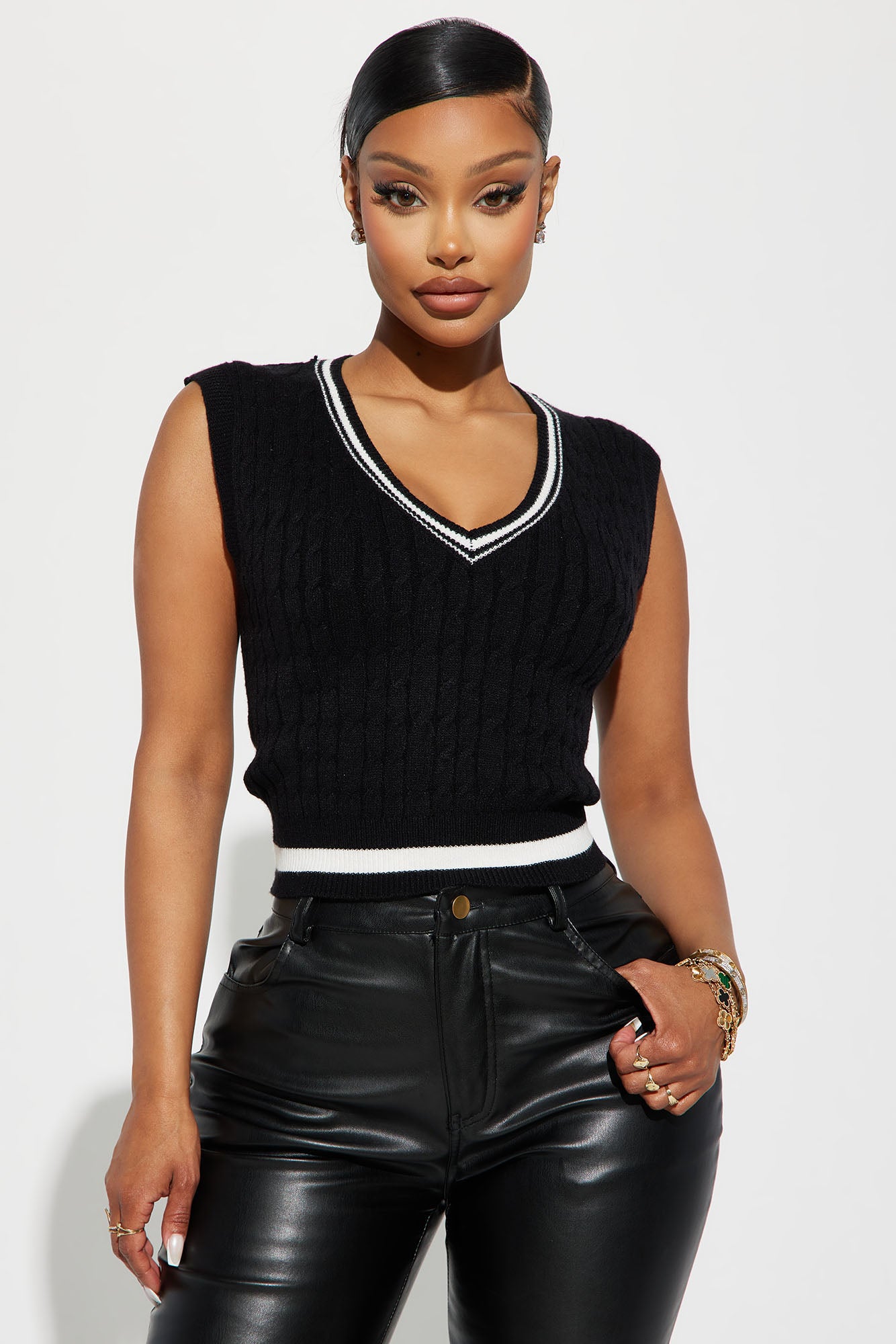 Stay In Tune Cable Knit Sweater Vest - Black/White | Fashion Nova, Sweaters  | Fashion Nova