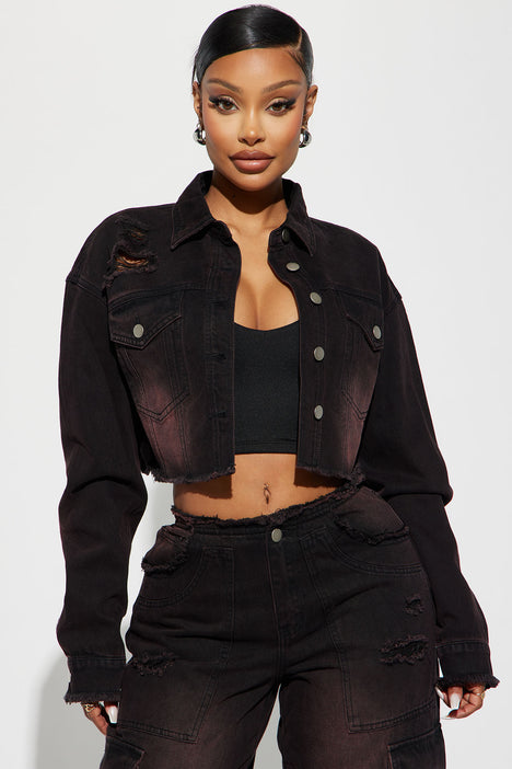 Red and black jean jacket sale