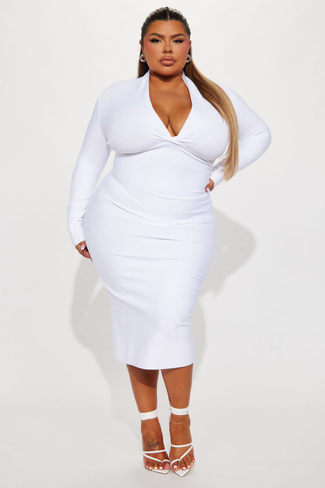 Classic Long Sleeve Bandage Midi Dress White