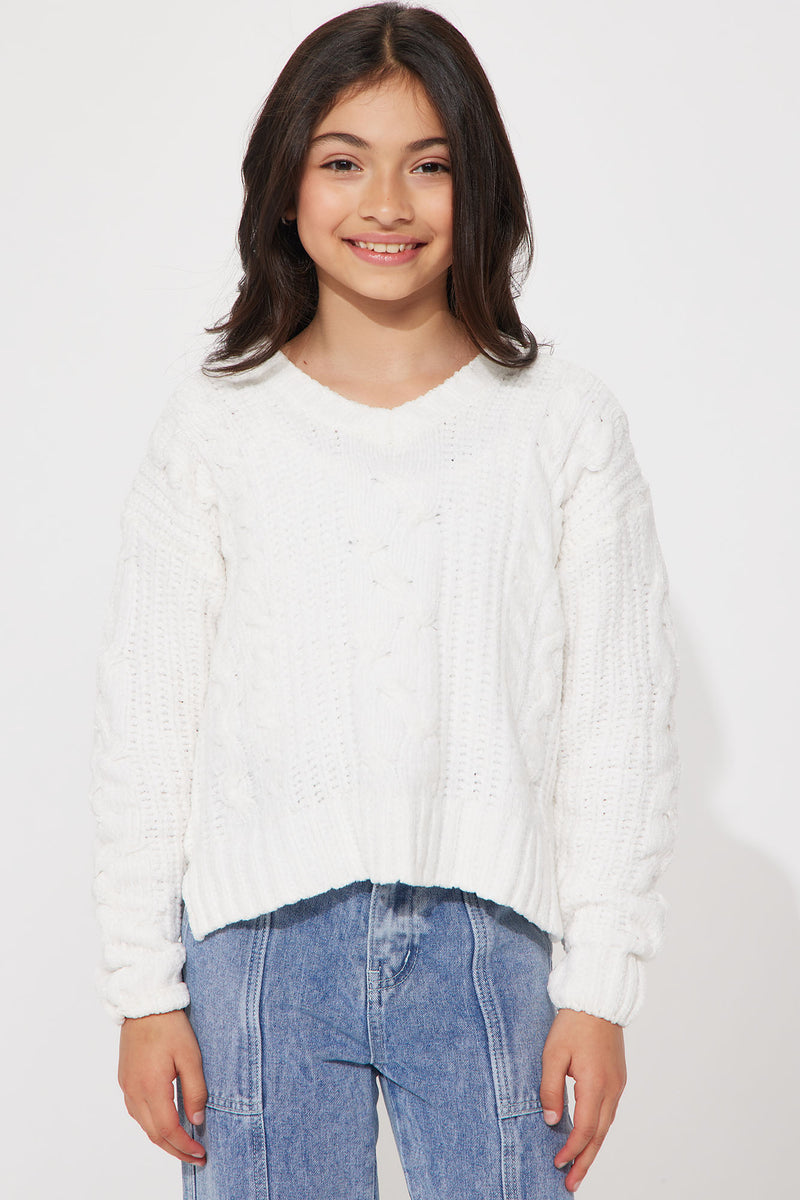 Mini Chenille V Neck Cable Stitch Sweater - White | Fashion Nova, Kids ...
