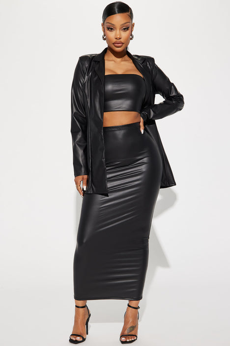 Black leather skirt and jacket top