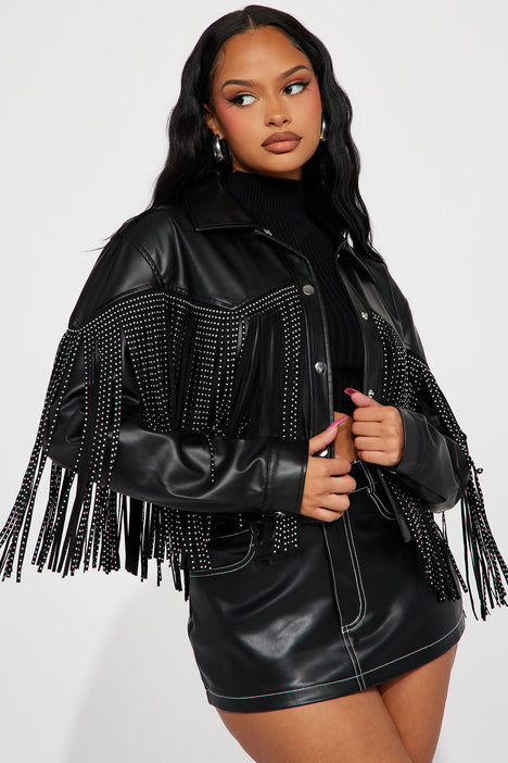 Fringe leather top jacket black