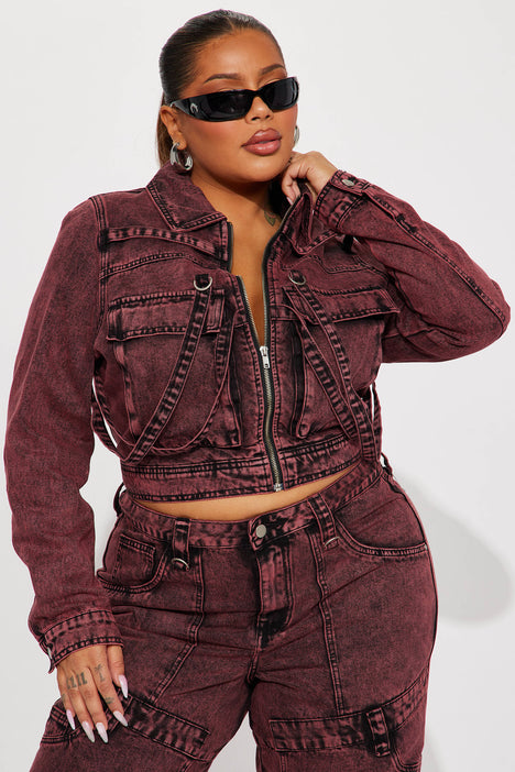 Burgundy cropped outlet denim jacket