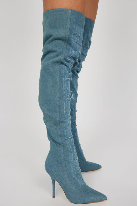 Distressed denim shop boots