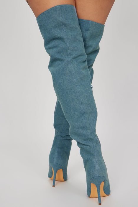 Distressed denim shop boots