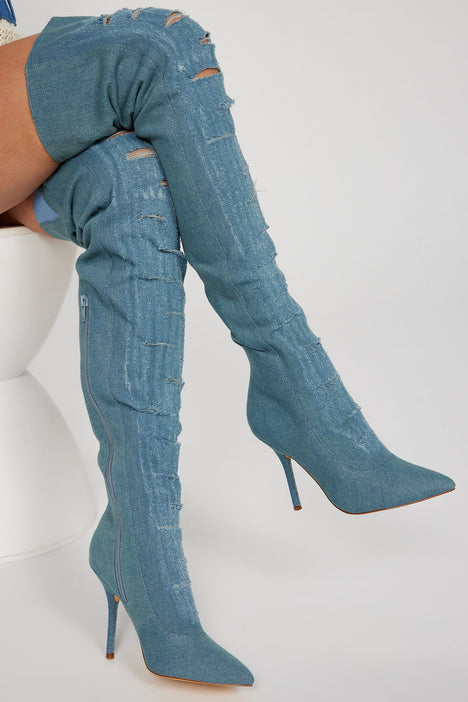Denim thigh high hotsell boots fashion nova