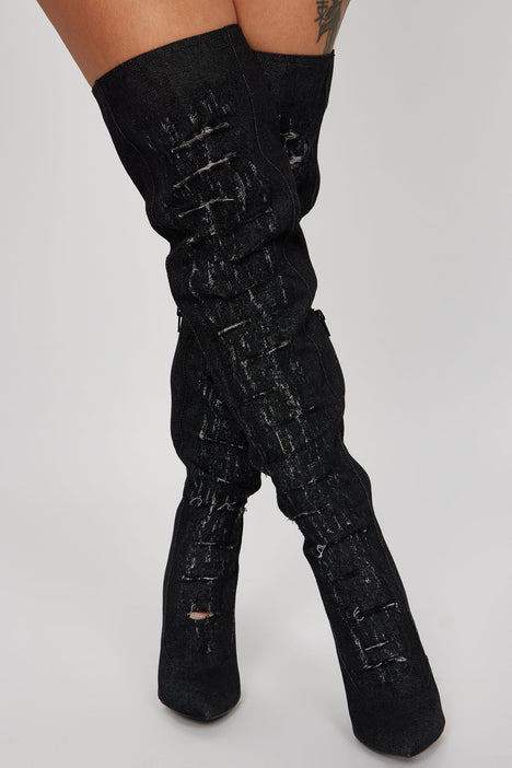 Distressed denim boots best sale