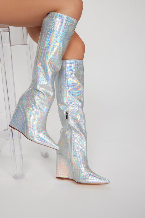 Iridescent knee high boots cheap