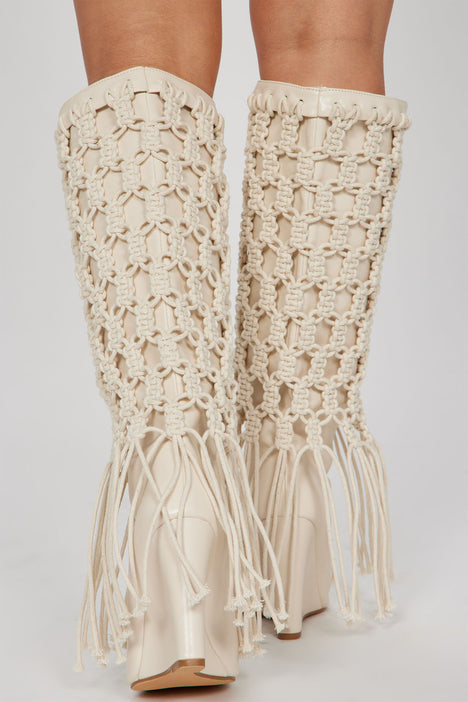 Summer Crochet Knee High Boots Cream