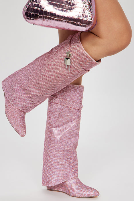 Everything You Need Embellished Overlay Boots - Pink