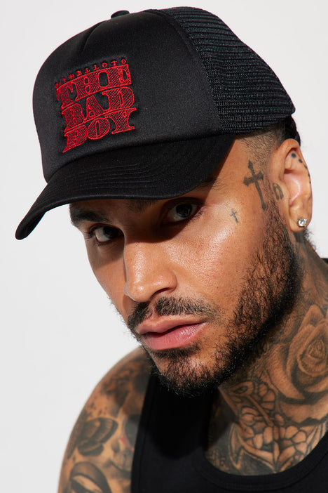 Red and black discount trucker hat