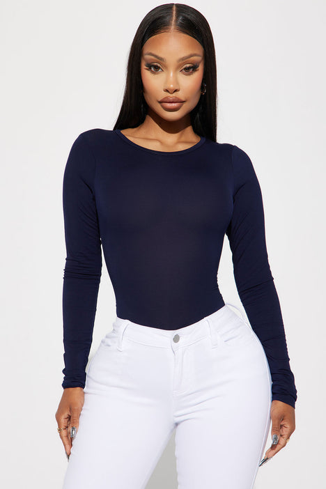 Krystal Crew Neck Long Sleeve Bodysuit Navy Fashion Nova