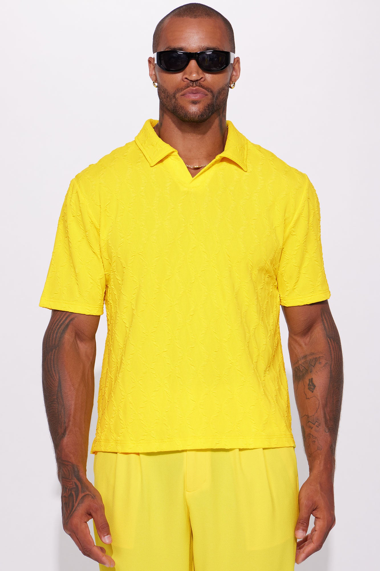 Ruched Helix Short Sleeve Polo Yellow Fashion Nova Mens Tees