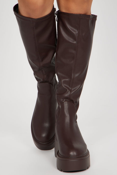 Keep Searching Knee High Heeled Boots Brown Fashion Nova