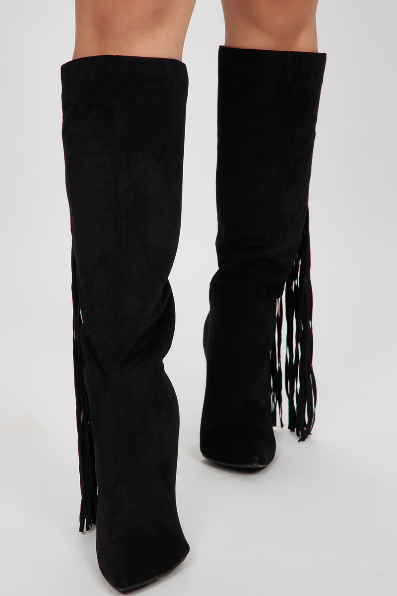 Very Inspired Knee High Fringe Boots - Black | Fashion Nova, Shoes ...