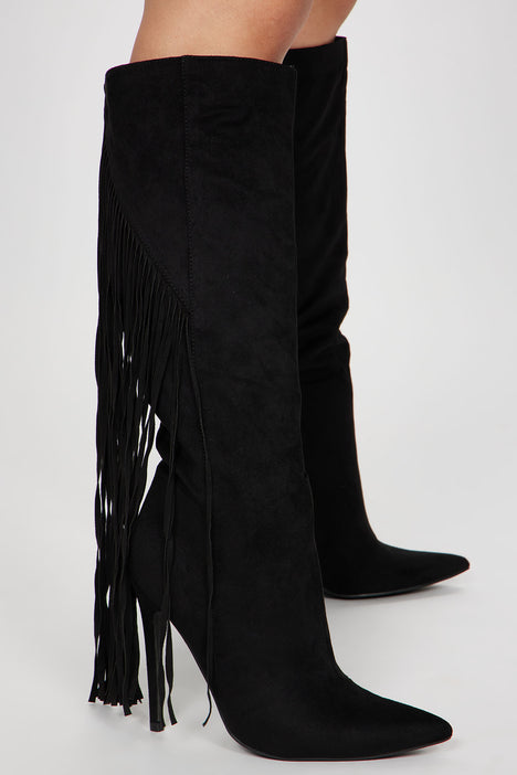 Very Inspired Knee High Fringe Boots Black