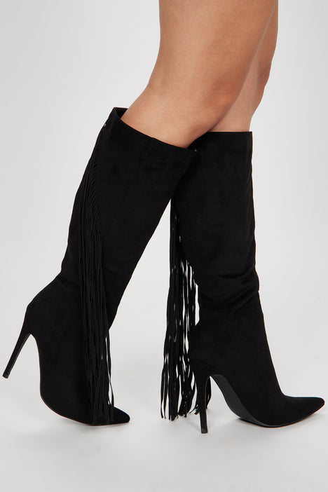 Black fringe sales boots with heel