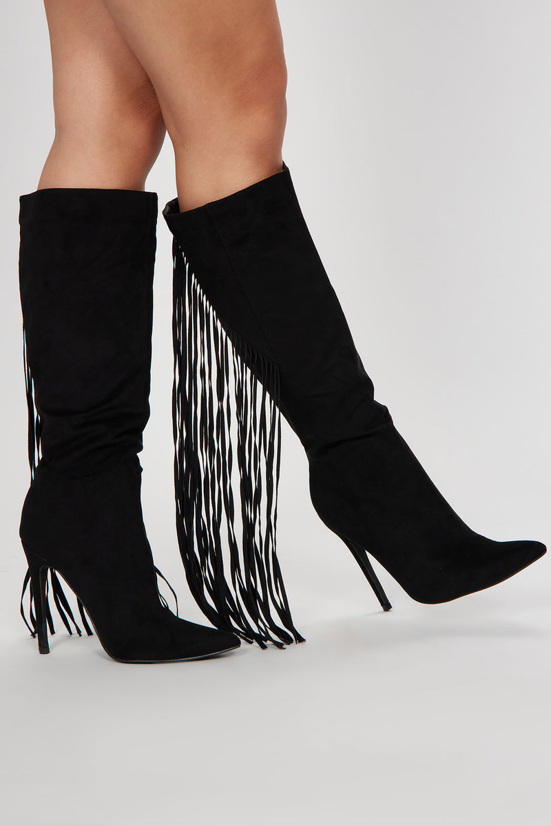 Very Inspired Knee High Fringe Boots - Black | Fashion Nova, Shoes ...