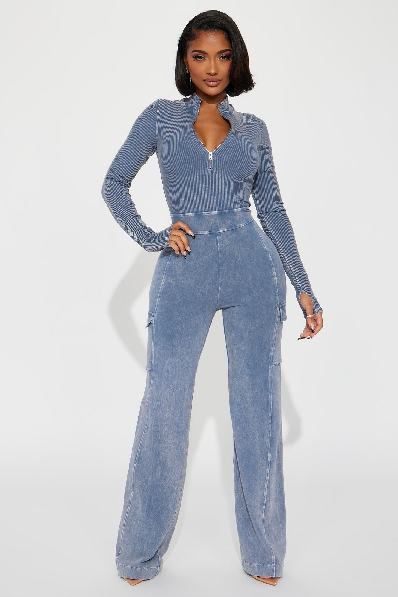 Caught Up With You Ribbed Jumpsuit - Blue