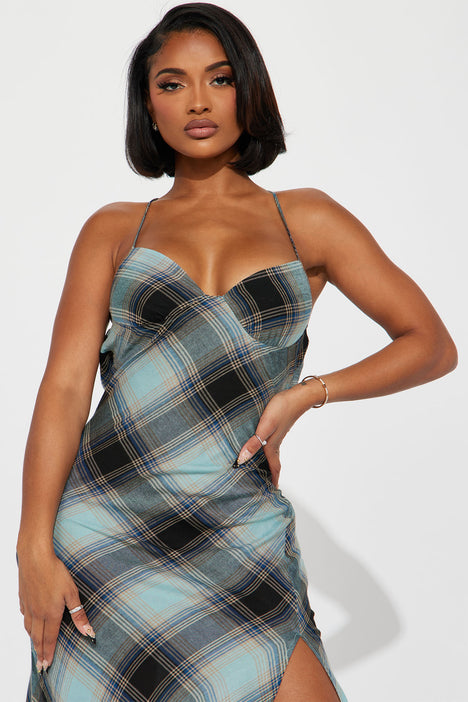 Armani Plaid Maxi Dress Blue combo Fashion Nova Dresses