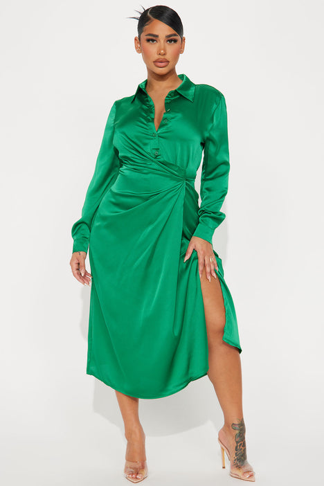 Isabella Satin Midi Dress Green Fashion Nova Dresses