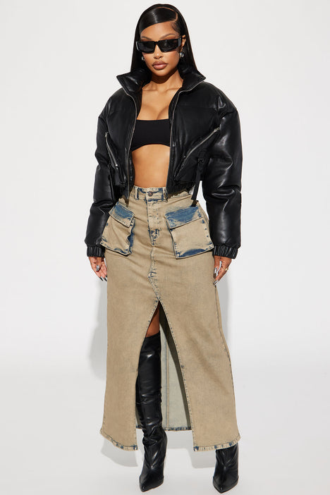Puff Baby Faux Leather Bomber Jacket Black