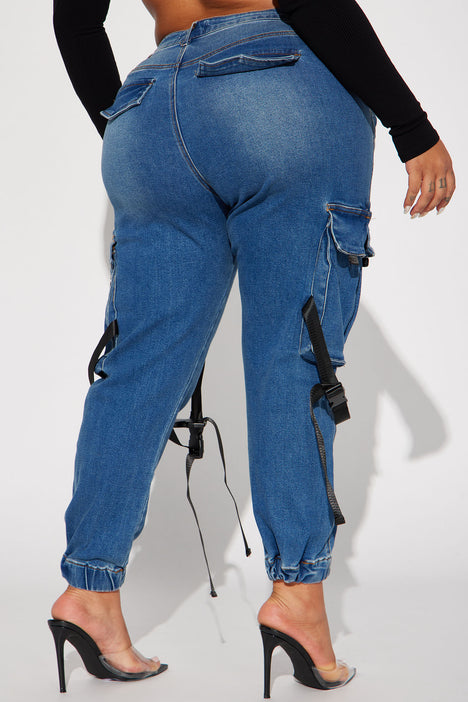 Give It A Break Cargo Denim Joggers Dark Wash Fashion Nova